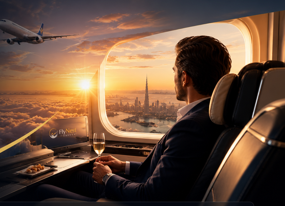 Traveler relaxing in a premium cabin seat, watching a sunset city skyline through the window